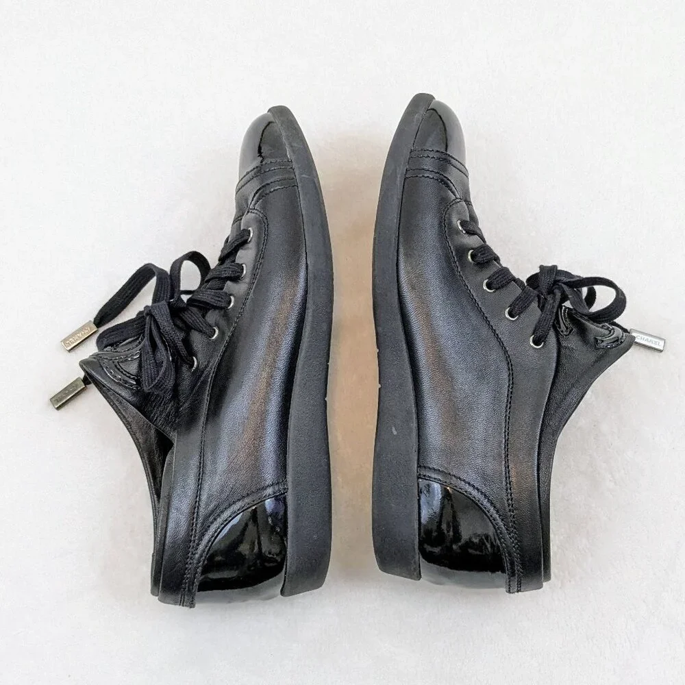 CHANEL Leather Sneaker Trainers Patent Toe Lace Up - Picture 8 of 13